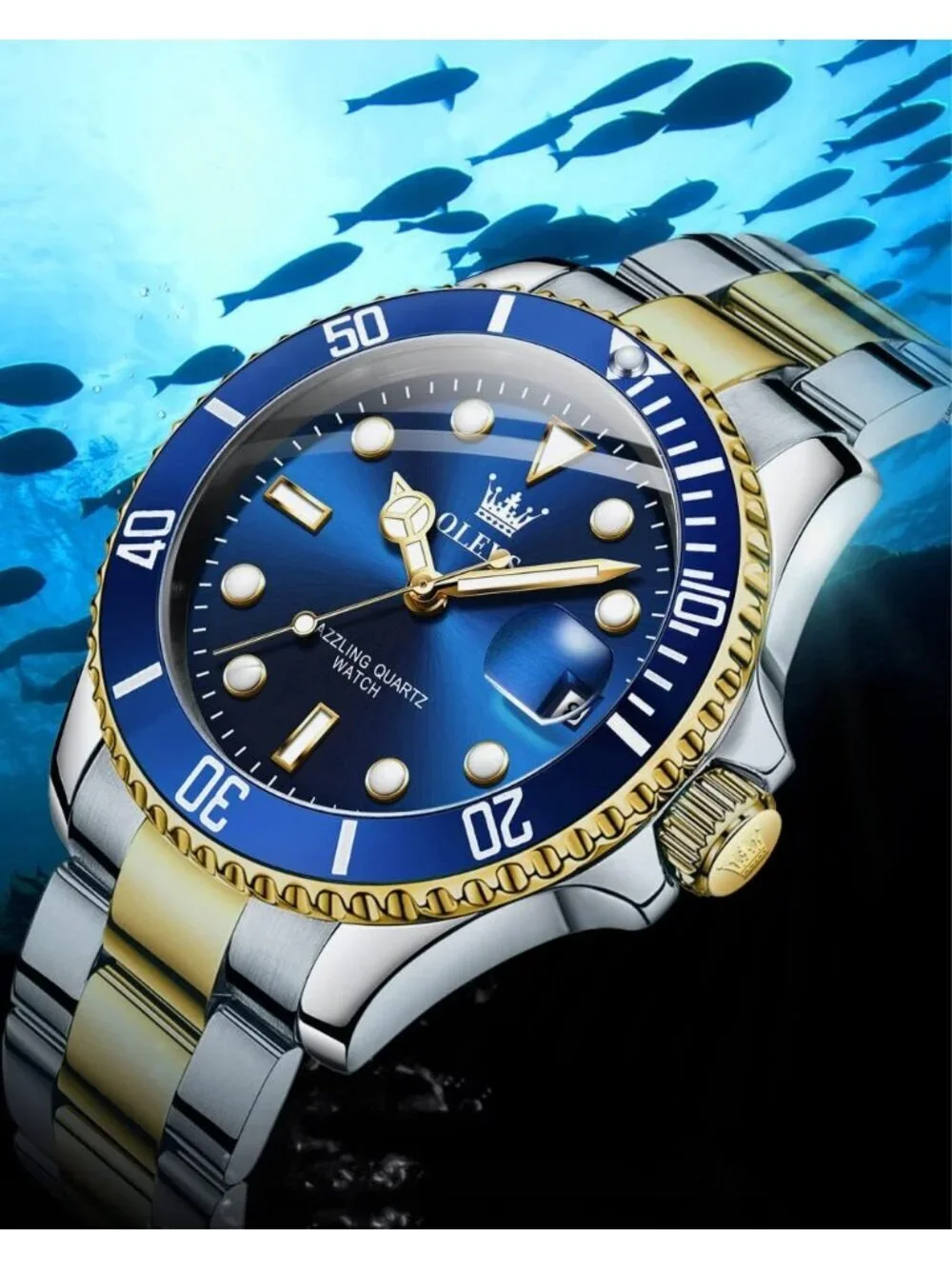 Men's Blue Premium Gold and Silver Stainless Analog Rotatable Round Steel Watch